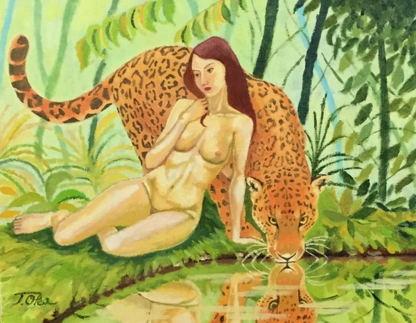 ジャガーに寄り添う裸婦