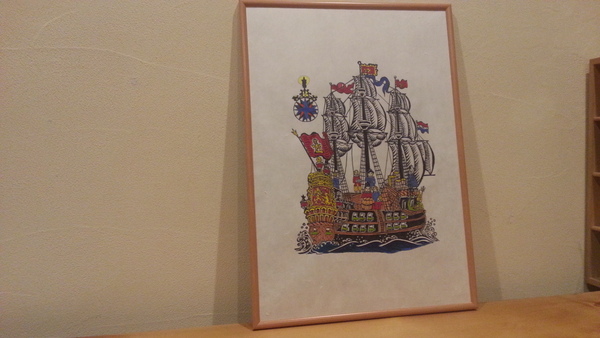 長崎に渡来したオランダ船(南蛮船)を描きました。額縁セット付です。そのまま飾ることが可能です。