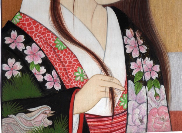 襦袢と伊達締めに模様をいれました。
黒の打掛の模様は鳳凰に牡丹と桜に松と
豪華絢爛に「日本の美少女-26」と同じ画材の
ミクストメディアです。