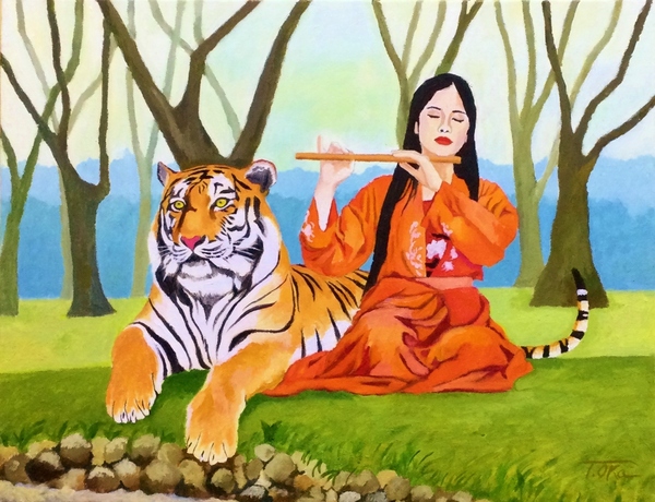虎と笛を吹く女性