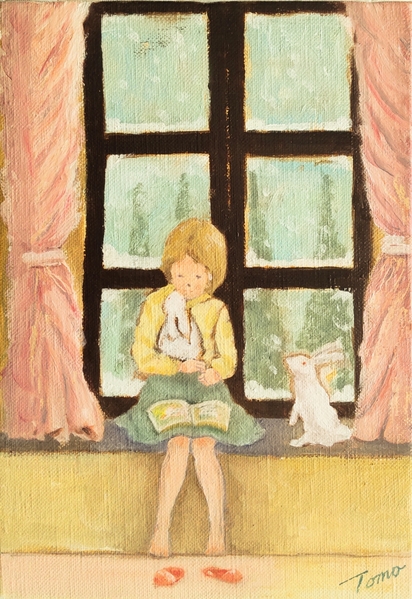 窓辺の少女とウサギ