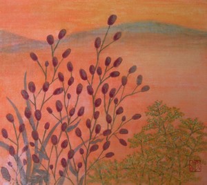 작품명:「yuuhi」 작가명:「そよ風」 코멘트:「山の中にワレモコウを見つける。秋の風情をひときわ感じさせてくれる。夕陽に映えて絵本の世界に入り込んだようだ。」 ART-Meter