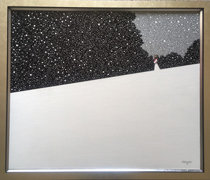 작품명:「K city 22th」 작가명:「三井ヤスシ」 코멘트:「私の心象風景となるK市の風景シリーズの22番目の作品です。雪が降る中の母と子を描きました。」 ART-Meter