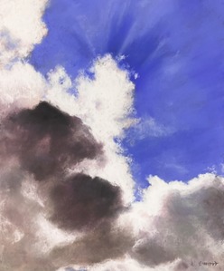 작품명:「Looking up in the sky」 작가명:「Emiri」 코멘트:「重く暑い雲から差す光を描きました。ふと見上げると光の筋が綺麗に地上を照らしていました。この瞬間をぜひ絵にしたいと思い、直様写真を撮りました。雲の影にも黒だけではなく、様々な色が見えます。空の「光」を感じていただけたら嬉しいです。」 ART-Meter