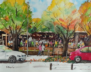 작품명:「landscape painting」 작가명:「山田太郎」 코멘트:「都会のカフェ風景です。止まっている車もちょっと感じが違う?」 ART-Meter