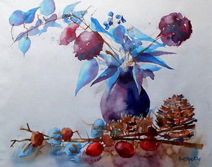 작품명:「flower」 작가명:「山田太郎」 코멘트:「青のバックに描いた花の静物画です。」 ART-Meter