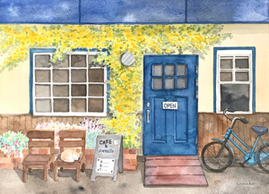 작품명:「Cafe with blue doors and roses」 작가명:「Canako」 코멘트:「おしゃれなカフェがたくさんオープンしています。私が作るなら居心地のいい落ち着いた店内とおいしいスイーツが楽しめるお店かな。看板猫もいてほしい。色合いは多少異なります。」 ART-Meter