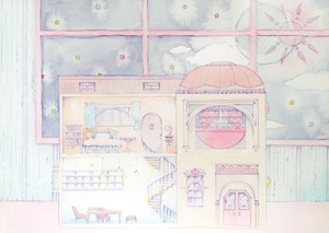 작품명:「doll house」 작가명:「UMARE」 코멘트:「パステルカラーの淡い色彩でドールハウスを描きました。一階のテーブルでは本を読んだり手紙を書いたり。螺旋階段を上がると寝室です。」 ART-Meter