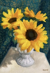 작품명:「Sunflowers and color blue」 작가명:「Emiri」 코멘트:「黄色の鮮やかさを出すため、背景を青にしました。アンティークな柄のストールを背景に使いました。
ガッシュ画なので、水彩の淡さと油絵のような重厚さが特徴です。」 ART-Meter