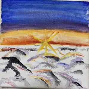 작품명:「shine」 작가명:「中 百香」 코멘트:「飛行機で朝日が登る瞬間をイメージして書きました。特徴としては雲の色が光や空気により色が変わるところなど細かく表現しております。」 ART-Meter