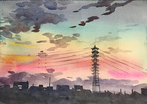 작품명:「Dusk in the city」 작가명:「Canako」 코멘트:「夕暮れ時はなんとなく優しい気持ちになります。毎日違う表情を見せる空を見上げて家路につきましょう。色合いは多少異なります。」 ART-Meter