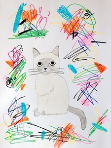 작품명:「cat」 작가명:「orico」 코멘트:「色鉛筆とペンを使って猫を描きました。周りはカラフルな感じにしました。」 ART-Meter