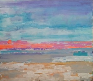 작품명:「hinode gesi wo sugite」 작가명:「中山涼景」 코멘트:「夏至を過ぎた、海岸で、日の出と共に変わる、光りの明るさを、色彩の詩に託し描いた作品です。」 ART-Meter